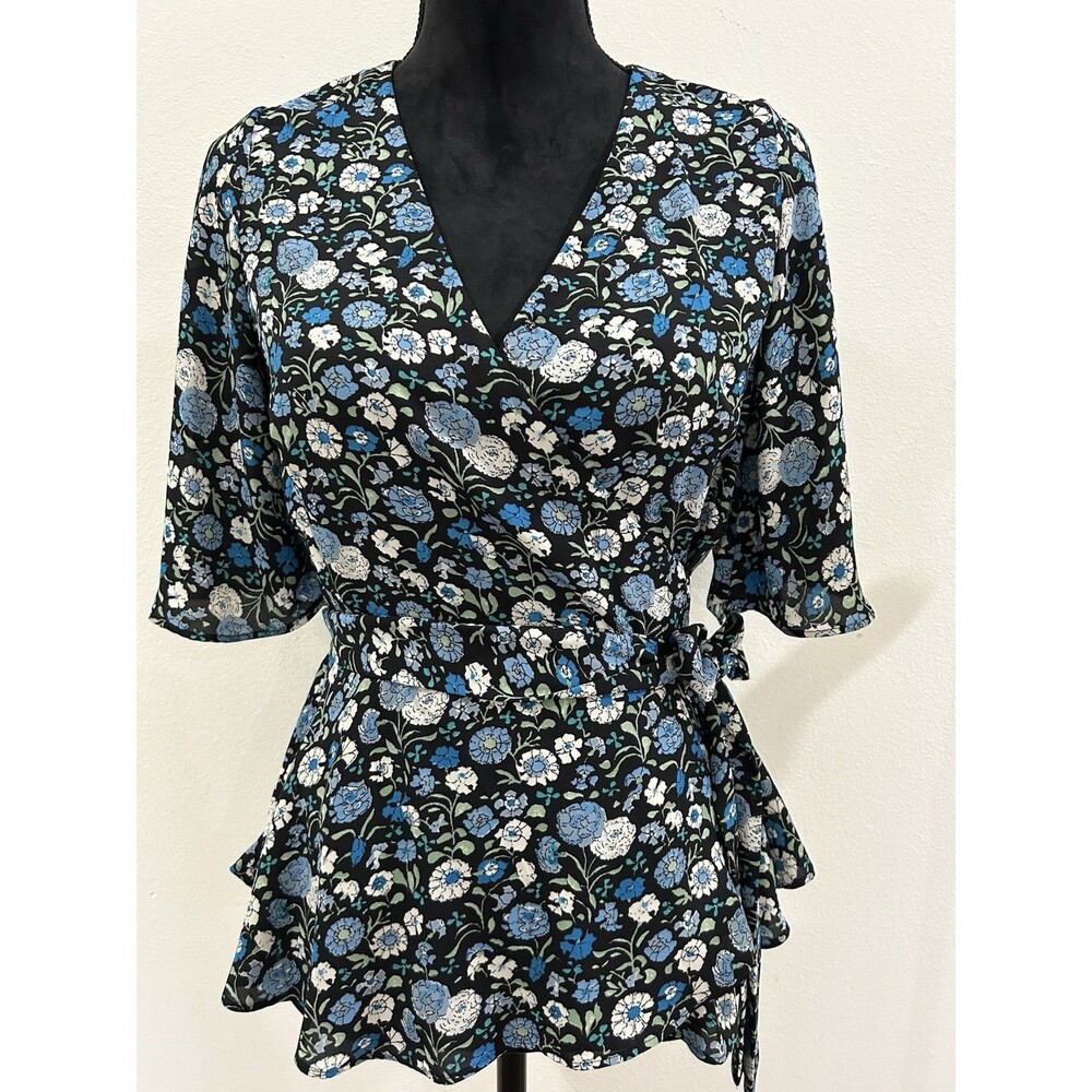 LOFT Size S Floral True Wrap Top Black Blue Print Short Flutter Sleeve V Neck